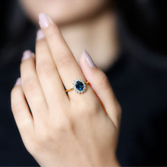 Real 6X8mm London Blue Topaz Princess Diana Inspired Engagement Ring with Diamond