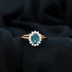 Real 6X8mm London Blue Topaz Princess Diana Inspired Engagement Ring with Diamond