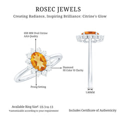 Real 6X8mm Citrine Oval Engagement Ring with Diamond Halo