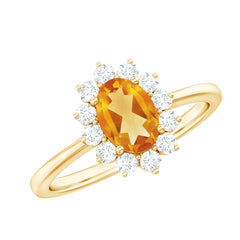 Real 6X8mm Citrine Oval Engagement Ring with Diamond Halo