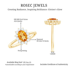 Real 6X8mm Citrine Oval Engagement Ring with Diamond Halo