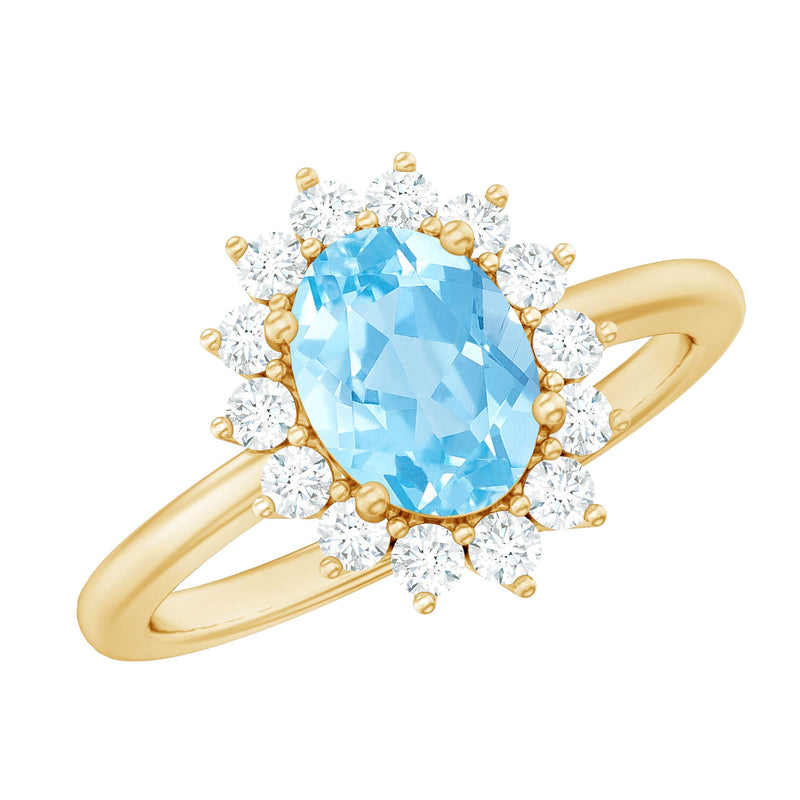 Natural 1 Carat Aquamarine Oval Engagement Ring with Diamond Halo