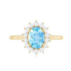 Natural 1 Carat Aquamarine Oval Engagement Ring with Diamond Halo