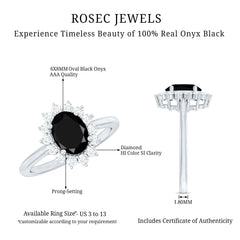 Oval Cut Real Black Onyx and Diamond Halo Engagement Ring