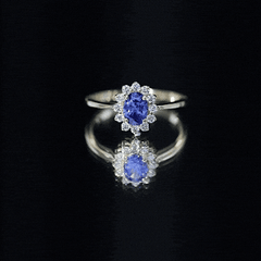 Certified 1 Carat Lab Grown Blue Sapphire Oval Engagement Ring with Diamond Halo
