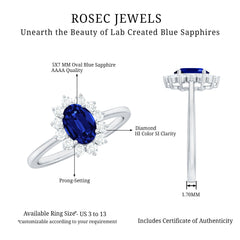 Certified 1 Carat Lab Grown Blue Sapphire Oval Engagement Ring with Diamond Halo