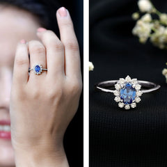 Certified 1 Carat Lab Grown Blue Sapphire Oval Engagement Ring with Diamond Halo