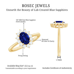 Certified 1 Carat Lab Grown Blue Sapphire Oval Engagement Ring with Diamond Halo