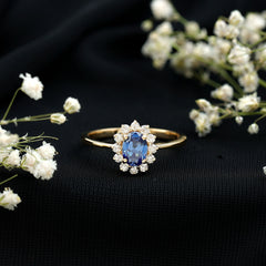 Certified 1 Carat Lab Grown Blue Sapphire Oval Engagement Ring with Diamond Halo