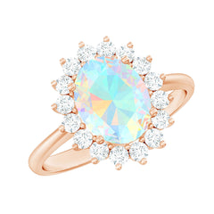 Natural 8X10mm Ethiopian Rainbow Opal Oval Engagement Ring with Diamond Halo