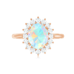 Natural 8X10mm Ethiopian Rainbow Opal Oval Engagement Ring with Diamond Halo