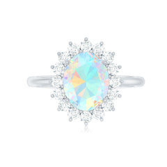Natural 8X10mm Ethiopian Rainbow Opal Oval Engagement Ring with Diamond Halo