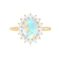 Natural 8X10mm Ethiopian Rainbow Opal Oval Engagement Ring with Diamond Halo