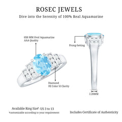 Real 6X8mm Aquamarine Statement Engagement Ring with Diamond