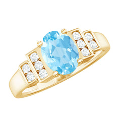 Real 6X8mm Aquamarine Statement Engagement Ring with Diamond