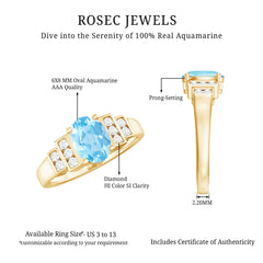Real 6X8mm Aquamarine Statement Engagement Ring with Diamond