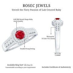 Antique Style Lab Ruby and Moissanite Double Halo Engagement Ring
