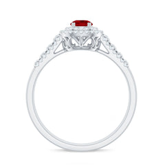 Antique Style Lab Ruby and Moissanite Double Halo Engagement Ring