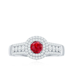 Antique Style Lab Ruby and Moissanite Double Halo Engagement Ring
