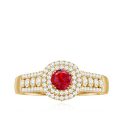 Antique Style Lab Ruby and Moissanite Double Halo Engagement Ring