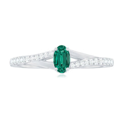 Oval Lab Grown Emerald Promise Ring with Diamond Split Shank