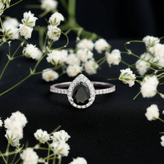 1 CT Teardrop Created Black Diamond Halo Engagement Ring with Diamond
