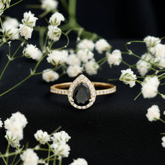 1 CT Teardrop Created Black Diamond Halo Engagement Ring with Diamond