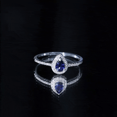 3/4 CT Pear Cut Blue Sapphire Engagement Ring with Diamond Halo