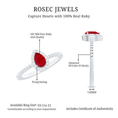 Natural Ruby Teardrop Ring with Diamond Halo