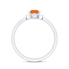 Genuine Fire Opal Teardrop Ring with Diamond Halo