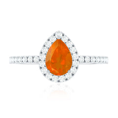 Genuine Fire Opal Teardrop Ring with Diamond Halo