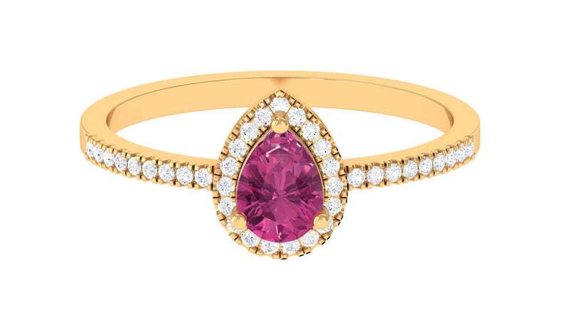 Natural Pink Tourmaline Teardrop Ring with Diamond Halo