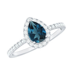 5X7mm Pear Shape London Blue Topaz Teardrop Engagement Ring with Moissanite Halo