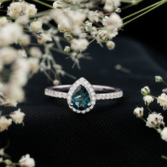 5X7mm Pear Shape London Blue Topaz Teardrop Engagement Ring with Moissanite Halo