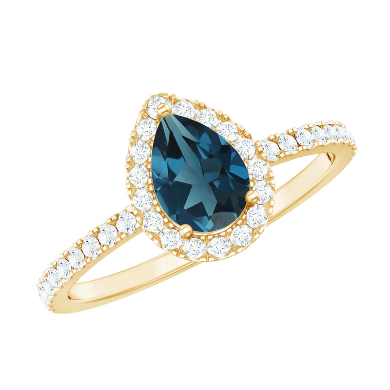 5X7mm Pear Shape London Blue Topaz Teardrop Engagement Ring with Moissanite Halo