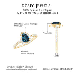 5X7mm Pear Shape London Blue Topaz Teardrop Engagement Ring with Moissanite Halo