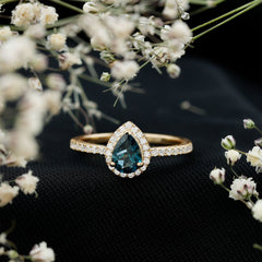 5X7mm Pear Shape London Blue Topaz Teardrop Engagement Ring with Moissanite Halo