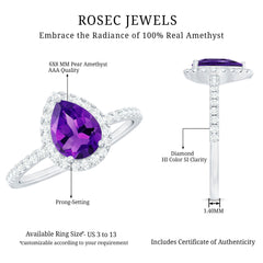 Natural Amethyst Teardrop Engagement Ring with Diamond Halo
