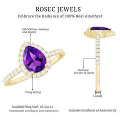 Natural Amethyst Teardrop Engagement Ring with Diamond Halo