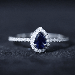 Certified Half Carat Lab Grown Blue Sapphire Teardrop Engagement Ring with Diamond Halo