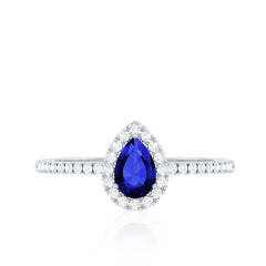 Certified Half Carat Lab Grown Blue Sapphire Teardrop Engagement Ring with Diamond Halo