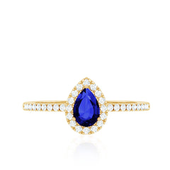 Certified Half Carat Lab Grown Blue Sapphire Teardrop Engagement Ring with Diamond Halo