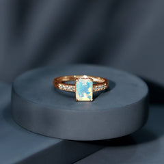 Genuine 6X8mm Ethiopian Opal Emerald Cut Engagement Ring with Diamond