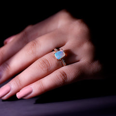 Genuine 6X8mm Ethiopian Opal Emerald Cut Engagement Ring with Diamond