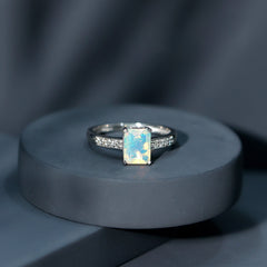 Genuine 6X8mm Ethiopian Opal Emerald Cut Engagement Ring with Diamond