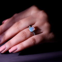 Genuine 6X8mm Ethiopian Opal Emerald Cut Engagement Ring with Diamond