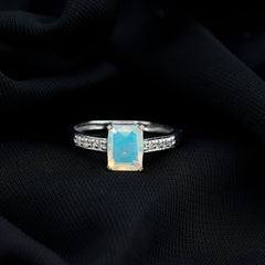 Genuine 6X8mm Ethiopian Opal Emerald Cut Engagement Ring with Diamond