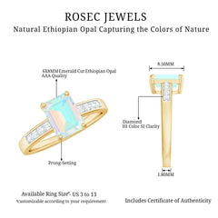 Genuine 6X8mm Ethiopian Opal Emerald Cut Engagement Ring with Diamond