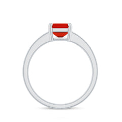 Emerald Cut Real Fire Opal Solitaire Engagement Ring with Diamond