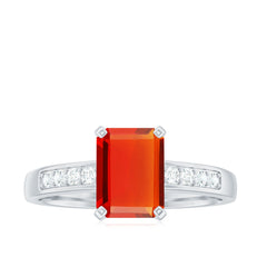 Emerald Cut Real Fire Opal Solitaire Engagement Ring with Diamond